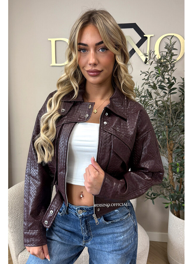 BURGUNDY - 'ALESSIA JACKET' - INSPIRED WOVEN FAUX LEATHER JACKET