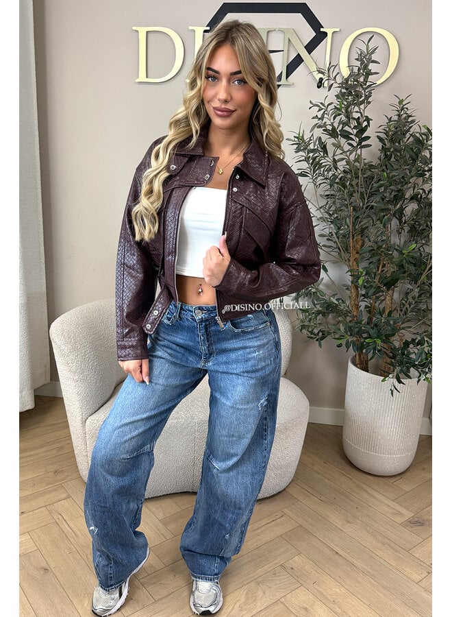 BURGUNDY - 'ALESSIA JACKET' - INSPIRED WOVEN FAUX LEATHER JACKET