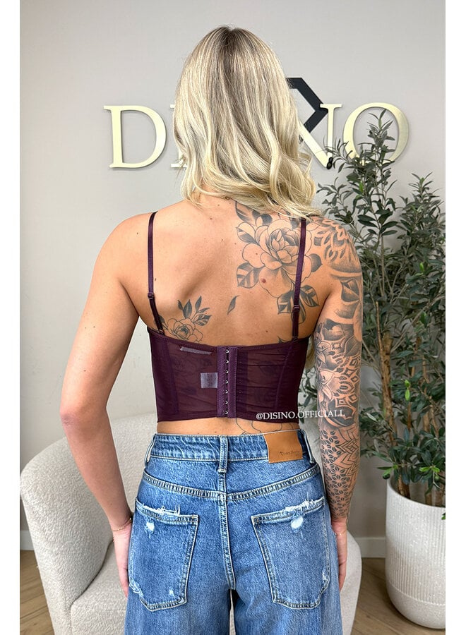 BURGUNDY - 'VALENTINA CORSET TOP' - LACE & MESH CORSET TOP