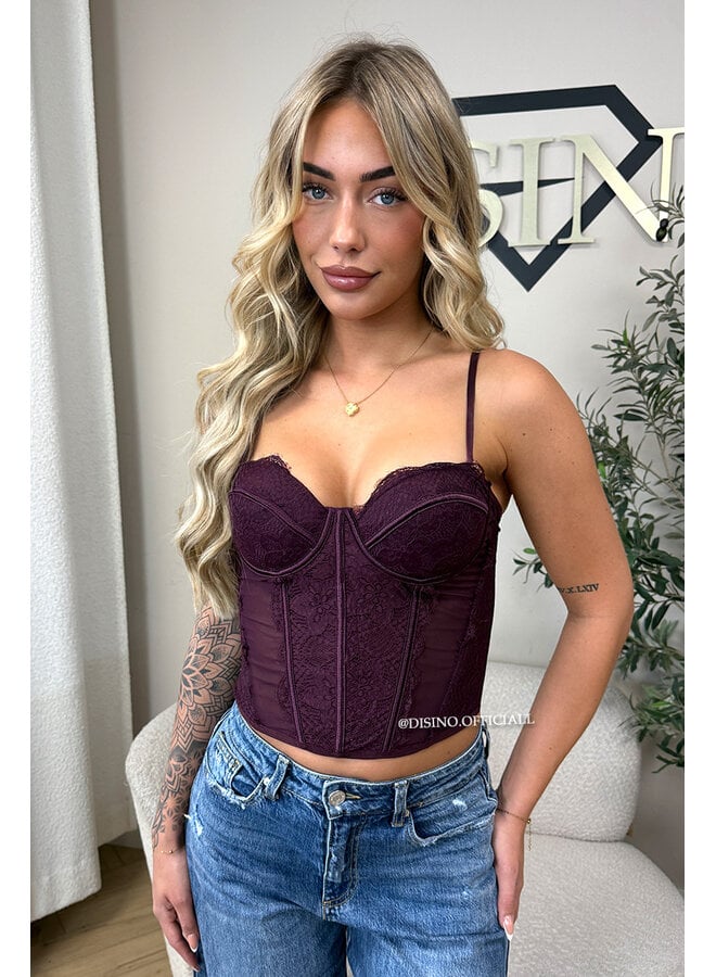 BURGUNDY - 'VALENTINA CORSET TOP' - LACE & MESH CORSET TOP