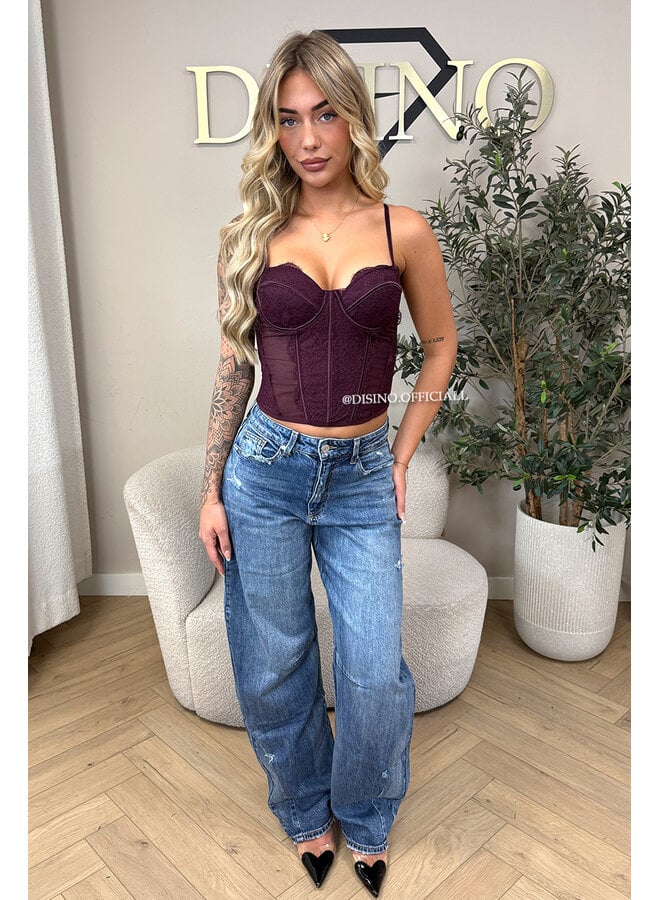 BURGUNDY - 'VALENTINA CORSET TOP' - LACE & MESH CORSET TOP