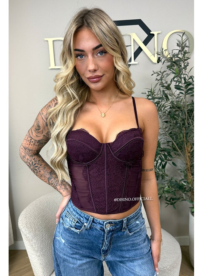 BURGUNDY - 'VALENTINA CORSET TOP' - LACE & MESH CORSET TOP