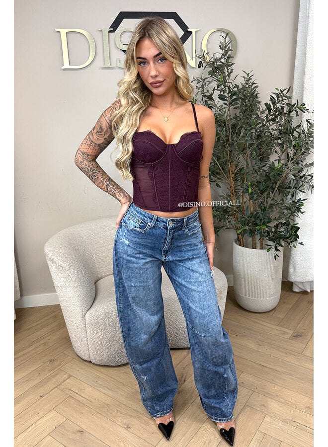 BURGUNDY - 'VALENTINA CORSET TOP' - LACE & MESH CORSET TOP