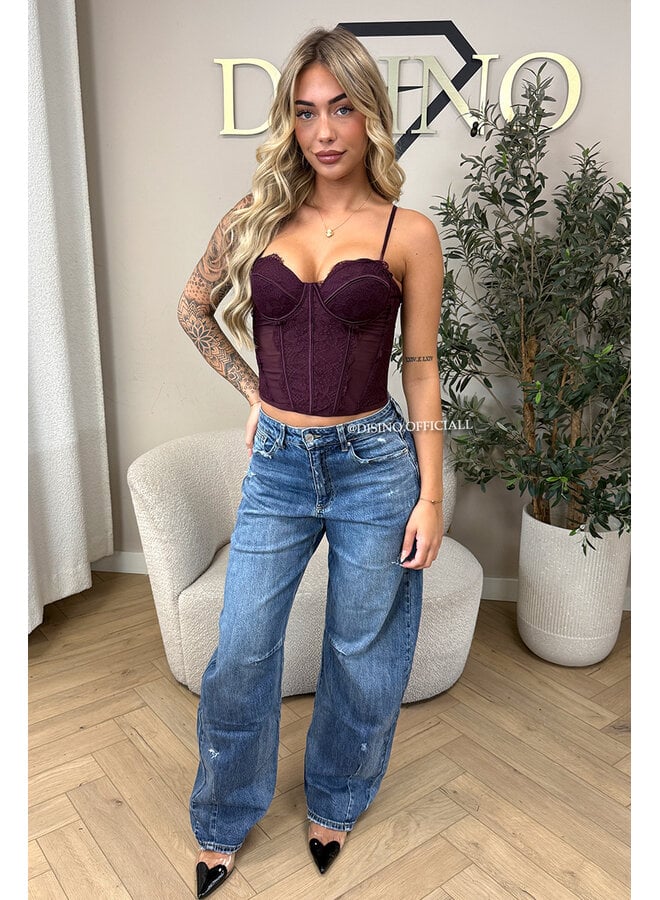 BURGUNDY - 'VALENTINA CORSET TOP' - LACE & MESH CORSET TOP