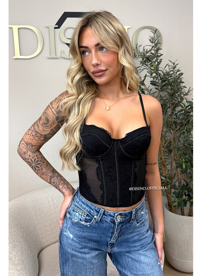 BLACK - 'VALENTINA CORSET TOP' - LACE & MESH CORSET TOP