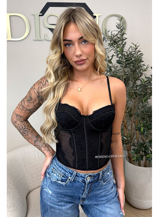 BLACK - 'VALENTINA CORSET TOP' - LACE & MESH CORSET TOP