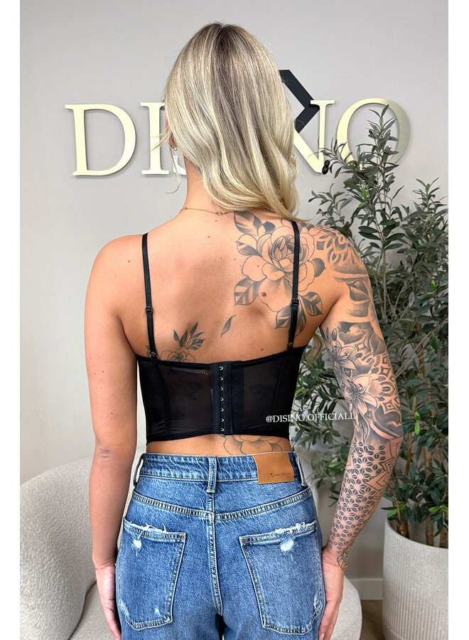 BLACK - 'VALENTINA CORSET TOP' - LACE & MESH CORSET TOP