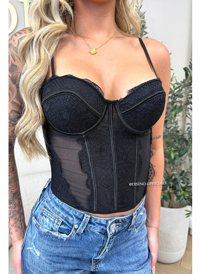 BLACK - 'VALENTINA CORSET TOP' - LACE & MESH CORSET TOP