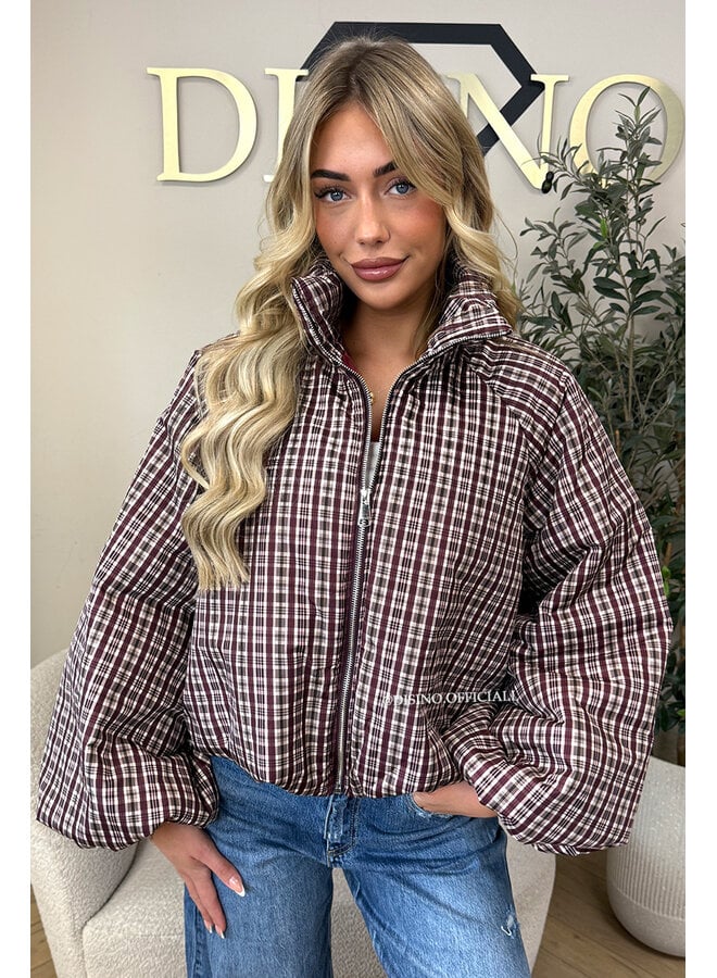 BURGUNDY - 'CHECKED BOMBETTA' - OVERSIZED PUFFER BOMBER JACKET