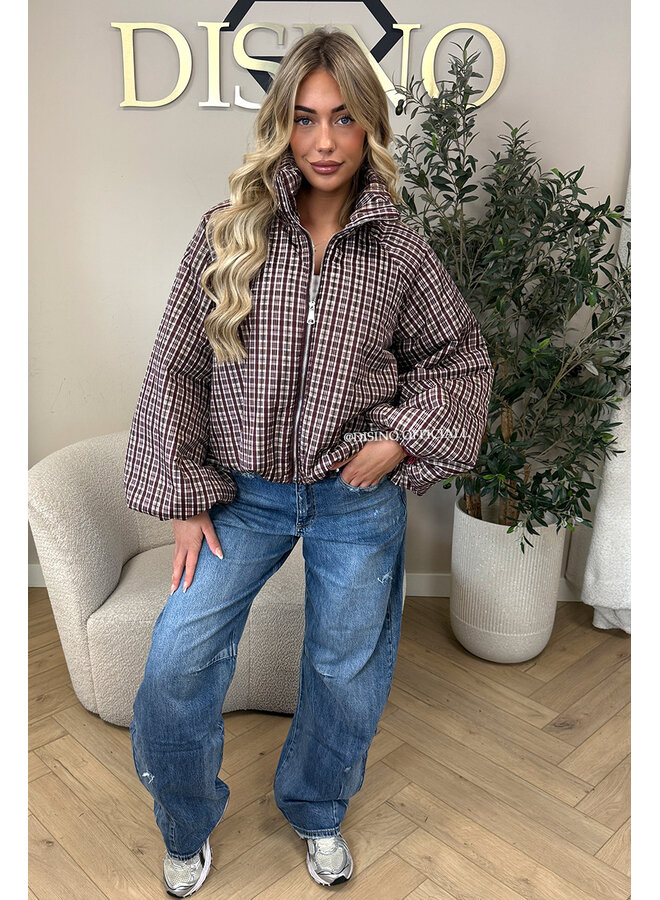 BURGUNDY - 'CHECKED BOMBETTA' - OVERSIZED PUFFER BOMBER JACKET