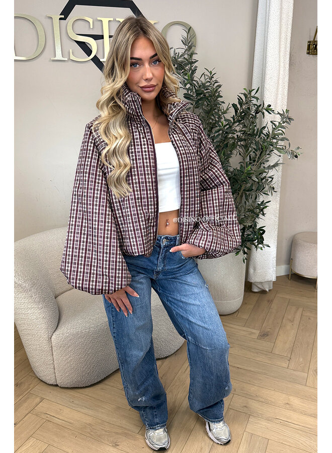 BURGUNDY - 'CHECKED BOMBETTA' - OVERSIZED PUFFER BOMBER JACKET