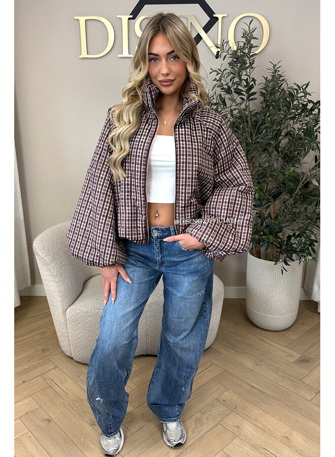 BURGUNDY - 'CHECKED BOMBETTA' - OVERSIZED PUFFER BOMBER JACKET