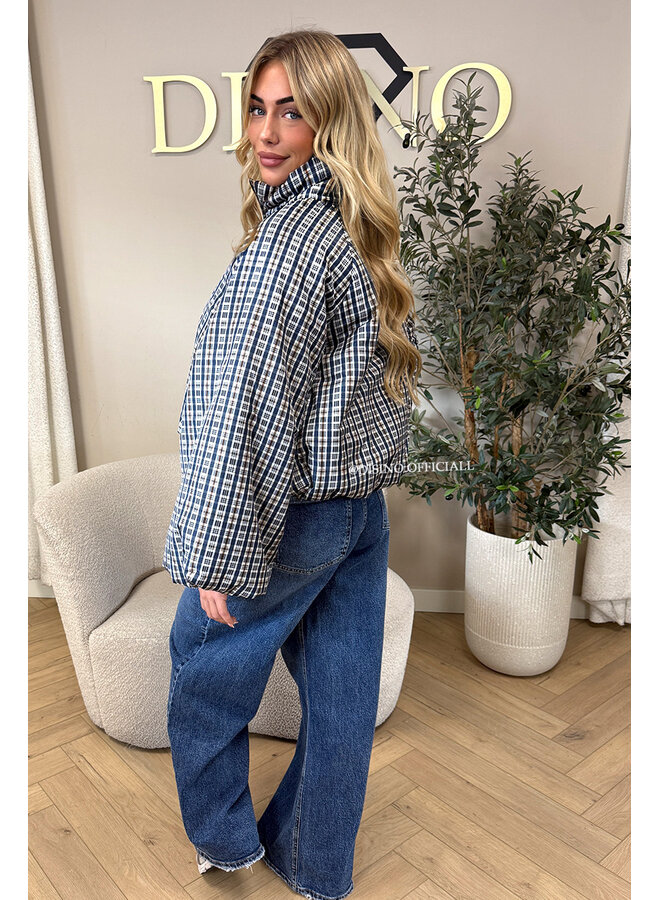 BLUE - 'CHECKED BOMBETTA' - OVERSIZED PUFFER BOMBER JACKET