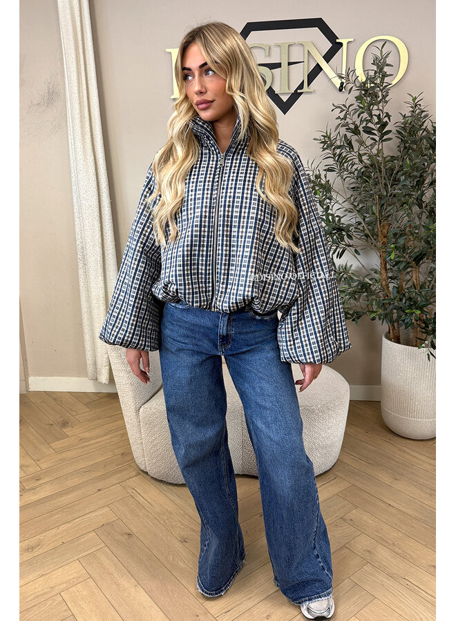 BLUE - 'CHECKED BOMBETTA' - OVERSIZED PUFFER BOMBER JACKET