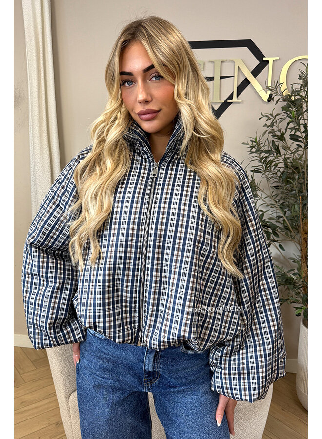 BLUE - 'CHECKED BOMBETTA' - OVERSIZED PUFFER BOMBER JACKET
