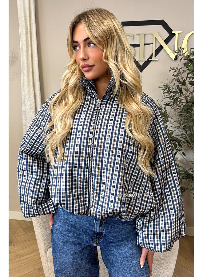 BLUE - 'CHECKED BOMBETTA' - OVERSIZED PUFFER BOMBER JACKET