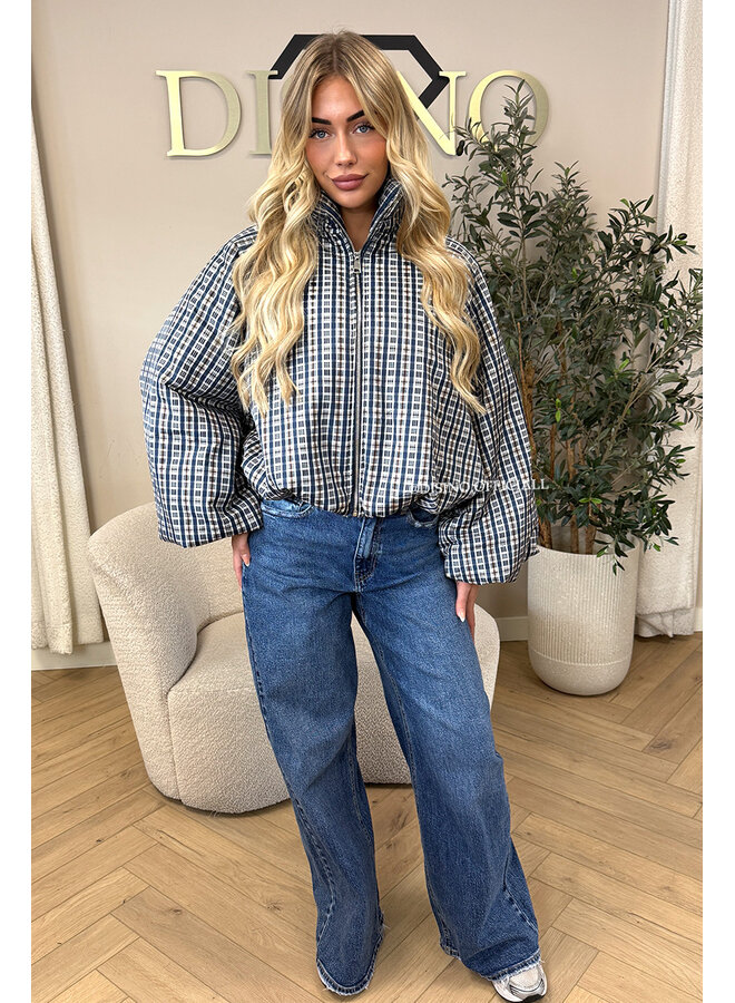 BLUE - 'CHECKED BOMBETTA' - OVERSIZED PUFFER BOMBER JACKET