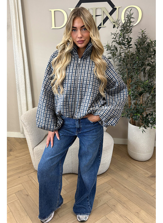 BLUE - 'CHECKED BOMBETTA' - OVERSIZED PUFFER BOMBER JACKET