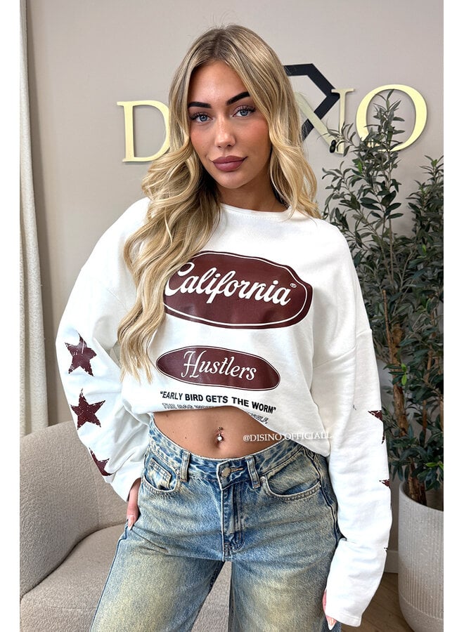 WHITE/CHOCO - 'CALIFORNIA HUSTLER' - OVERSIZED LONGSLEEVE TOP