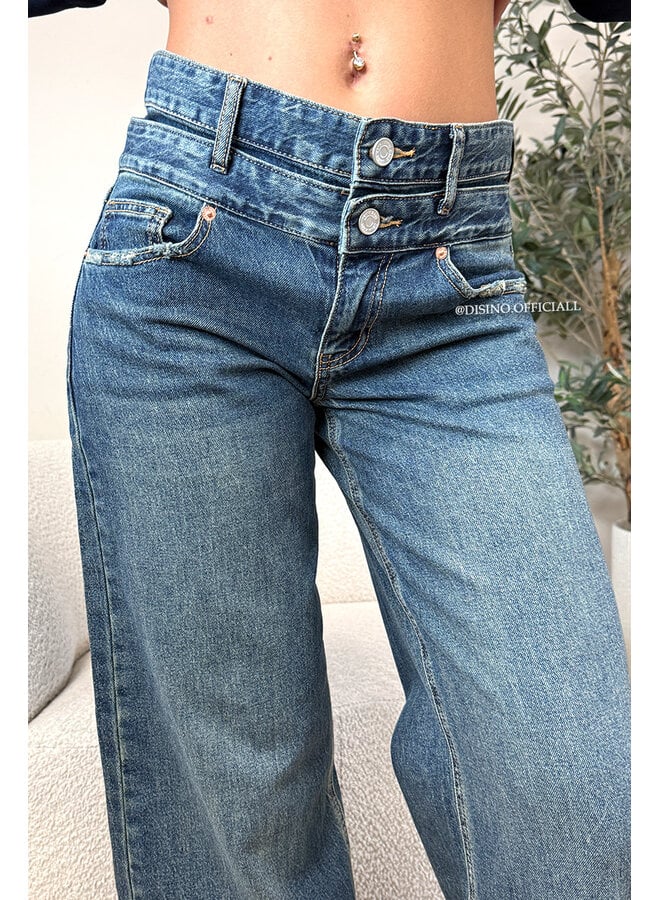 DARK BLUE - 'MELINA JEANS' - DOUBLE WAISTED WIDE LEG JEANS