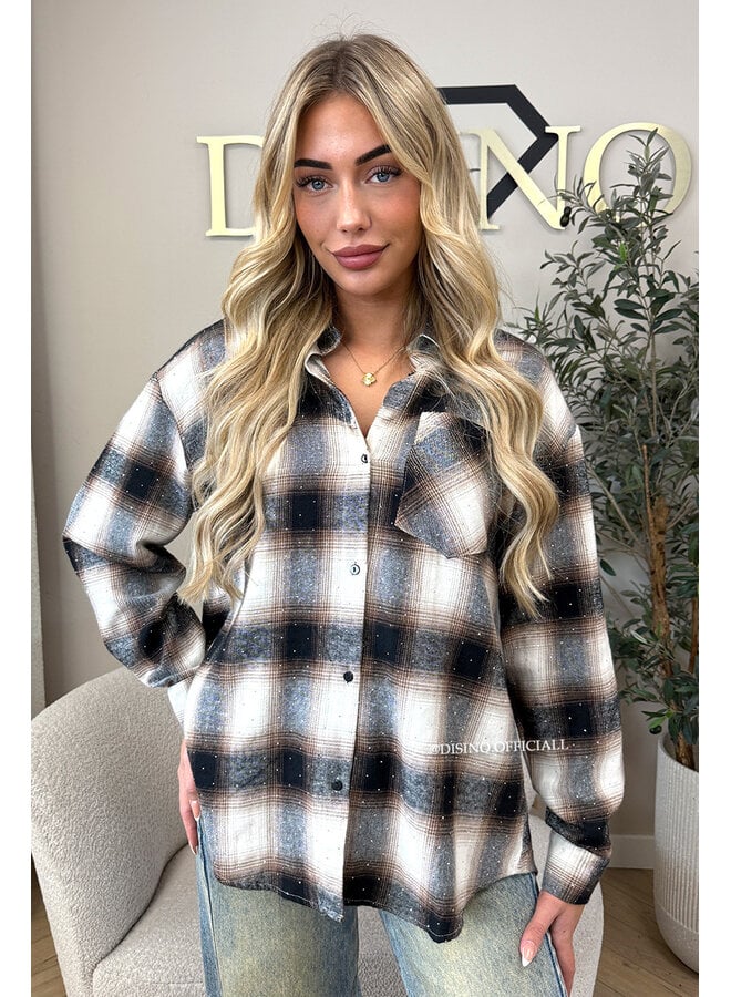 BLACK/CHOCO - 'MAUREEN BLOUSE' - DIAMONDS ALL OVER OVERSIZED CHECKED BLOUSE