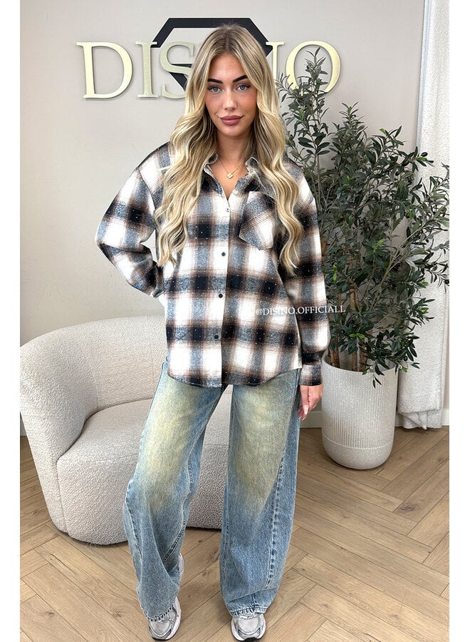 BLACK/CHOCO - 'MAUREEN BLOUSE' - DIAMONDS ALL OVER OVERSIZED CHECKED BLOUSE