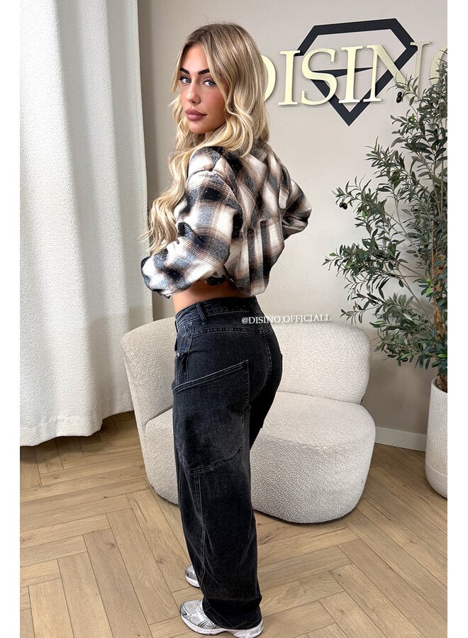 BLACK/CHOCO - 'MAUREEN BLOUSE' - DIAMONDS ALL OVER OVERSIZED CHECKED BLOUSE