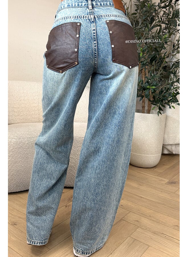 DIRTY BLUE - 'LEATHER POCKET JEANS' - VIRAL LEATHER POCKET BAGGY JEANS - NO STRETCH