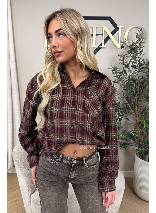 BURGUNDY - 'LORENA BLOUSE' - DIAMONDS ALL OVER OVERSIZED CHECKED BLOUSE