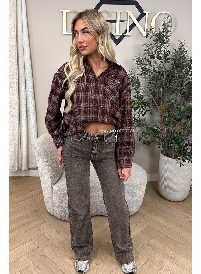 BURGUNDY - 'LORENA BLOUSE' - DIAMONDS ALL OVER OVERSIZED CHECKED BLOUSE