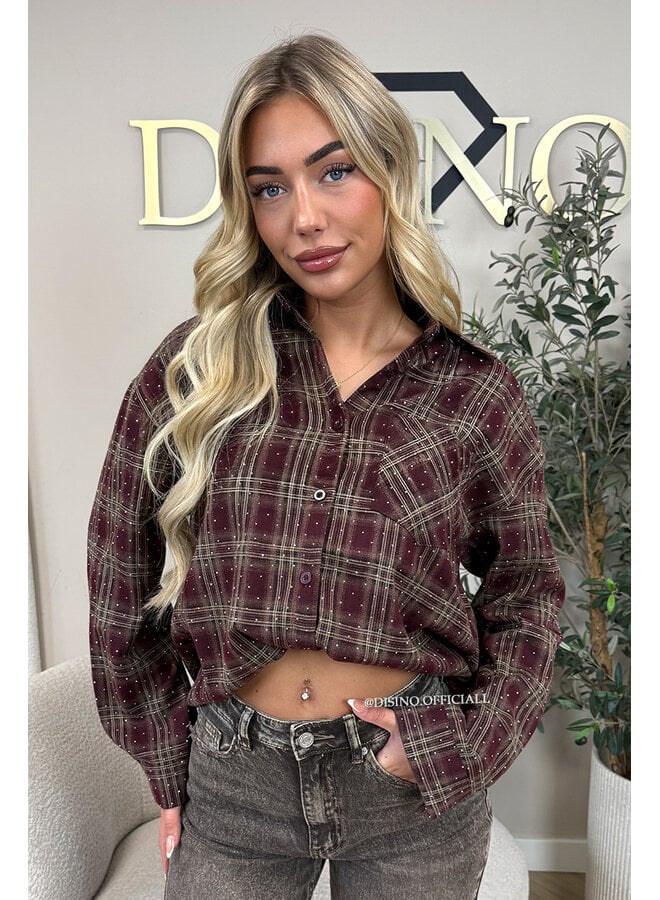 BURGUNDY - 'LORENA BLOUSE' - DIAMONDS ALL OVER OVERSIZED CHECKED BLOUSE
