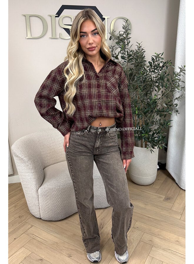 BURGUNDY - 'LORENA BLOUSE' - DIAMONDS ALL OVER OVERSIZED CHECKED BLOUSE