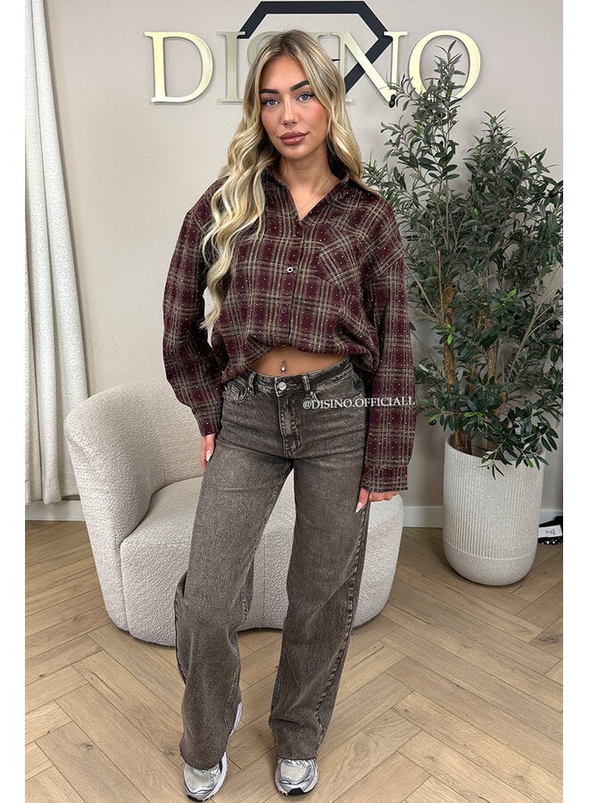 BURGUNDY - 'LORENA BLOUSE' - DIAMONDS ALL OVER OVERSIZED CHECKED BLOUSE