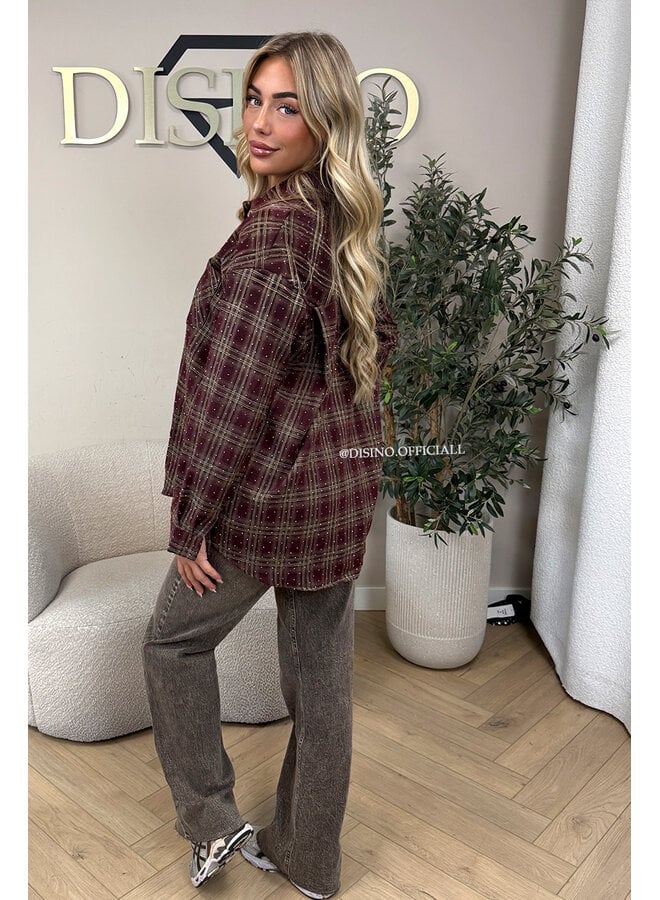 BURGUNDY - 'LORENA BLOUSE' - DIAMONDS ALL OVER OVERSIZED CHECKED BLOUSE