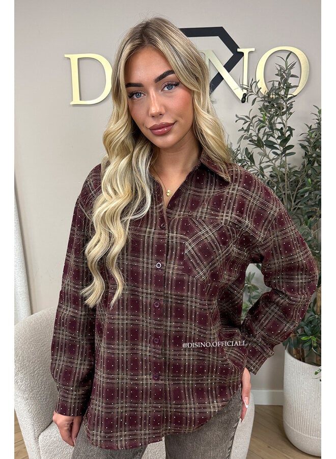 BURGUNDY - 'LORENA BLOUSE' - DIAMONDS ALL OVER OVERSIZED CHECKED BLOUSE