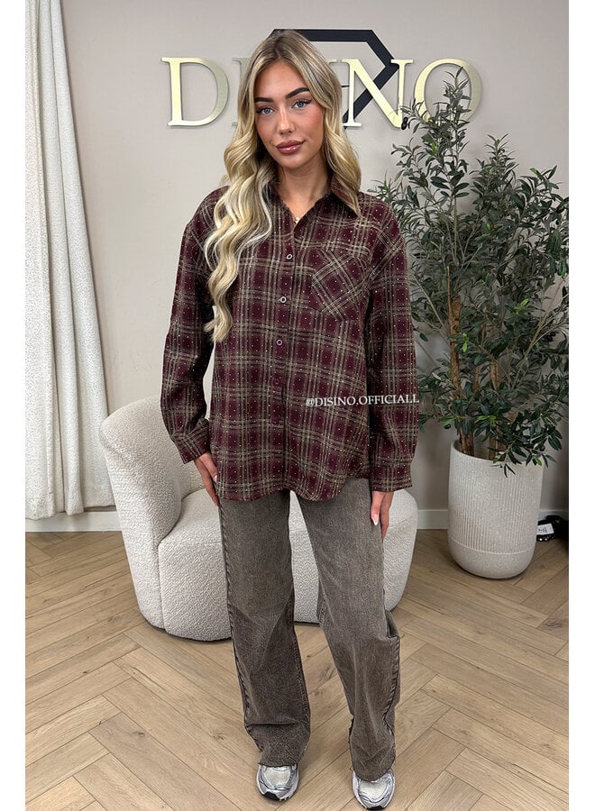 BURGUNDY - 'LORENA BLOUSE' - DIAMONDS ALL OVER OVERSIZED CHECKED BLOUSE