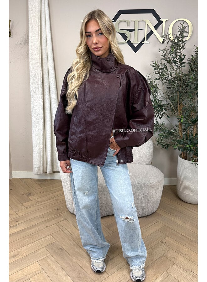 BURGUNDY - 'ZORA JACKET' - PREMIUM OVERSIZED HIGH NECK LEATHER BOMBER JACKET