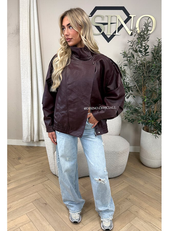 BURGUNDY - 'ZORA JACKET' - PREMIUM OVERSIZED HIGH NECK LEATHER BOMBER JACKET