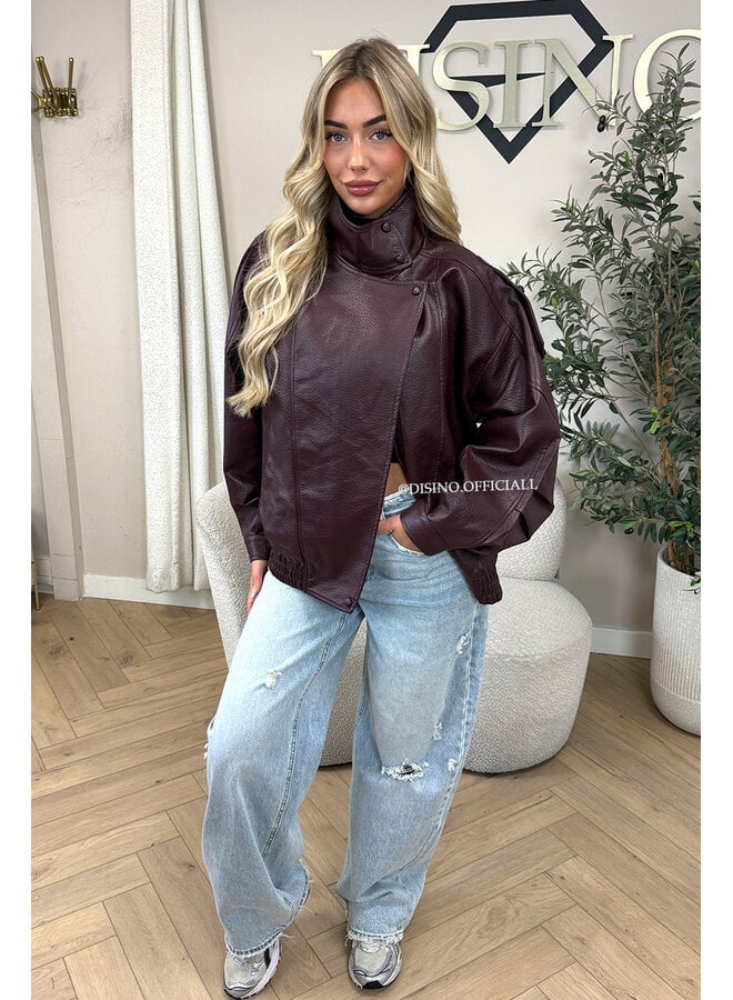 BURGUNDY - 'ZORA JACKET' - PREMIUM OVERSIZED HIGH NECK LEATHER BOMBER JACKET