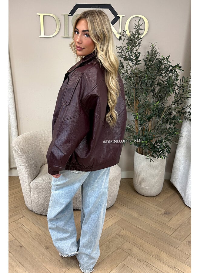 BURGUNDY - 'ZORA JACKET' - PREMIUM OVERSIZED HIGH NECK LEATHER BOMBER JACKET