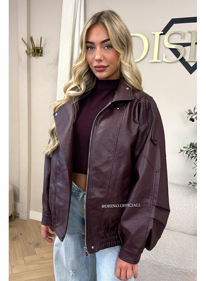 BURGUNDY - 'ZORA JACKET' - PREMIUM OVERSIZED HIGH NECK LEATHER BOMBER JACKET