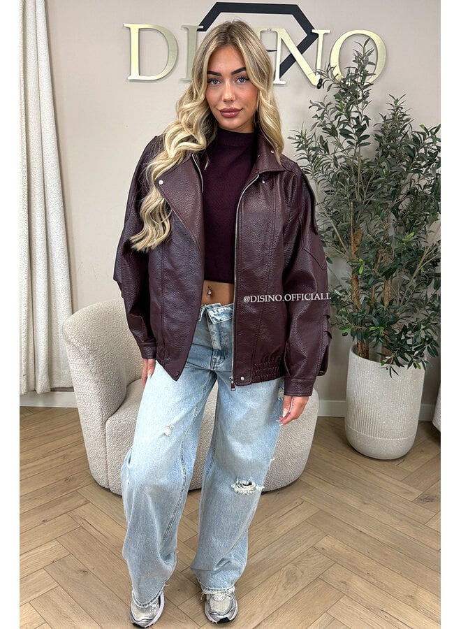 BURGUNDY - 'ZORA JACKET' - PREMIUM OVERSIZED HIGH NECK LEATHER BOMBER JACKET