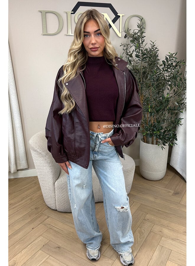 BURGUNDY - 'ZORA JACKET' - PREMIUM OVERSIZED HIGH NECK LEATHER BOMBER JACKET