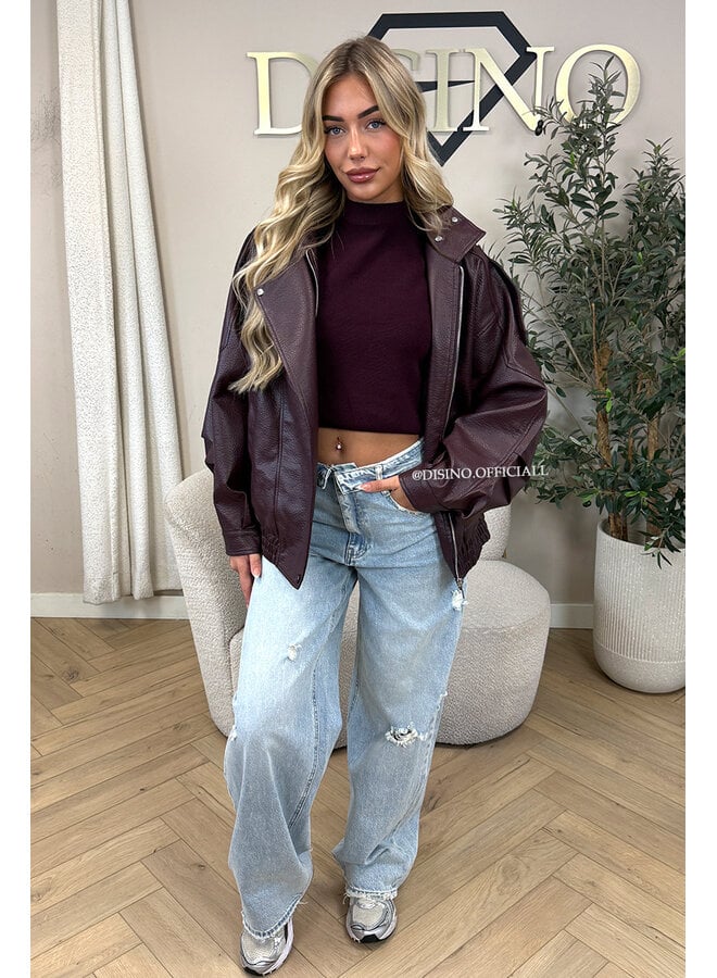 BURGUNDY - 'ZORA JACKET' - PREMIUM OVERSIZED HIGH NECK LEATHER BOMBER JACKET