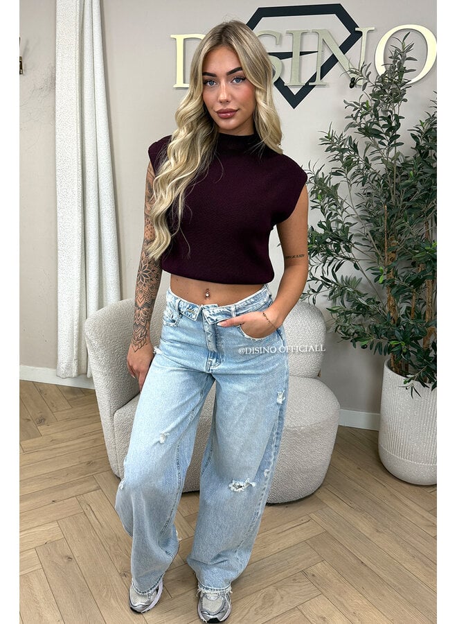 BURGUNDY - 'CLEO' - BOYFRIEND PUFF SHOULDER TOP
