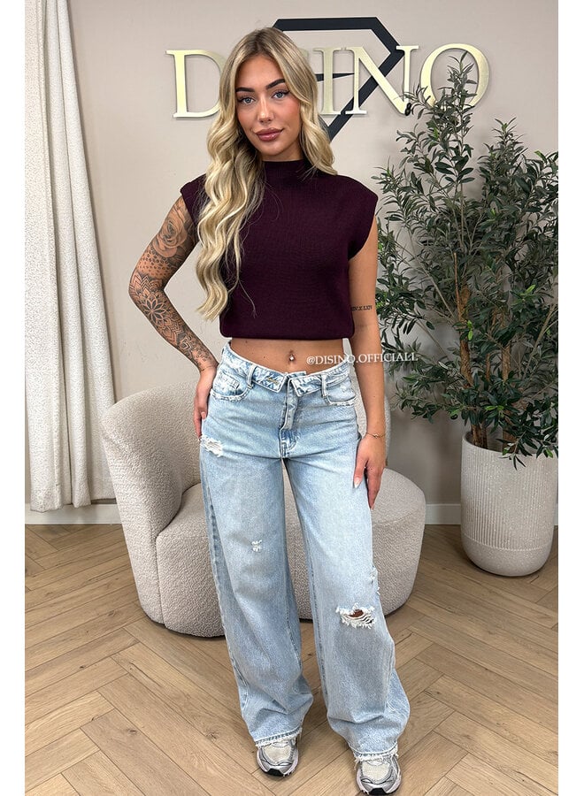 BURGUNDY - 'CLEO' - BOYFRIEND PUFF SHOULDER TOP