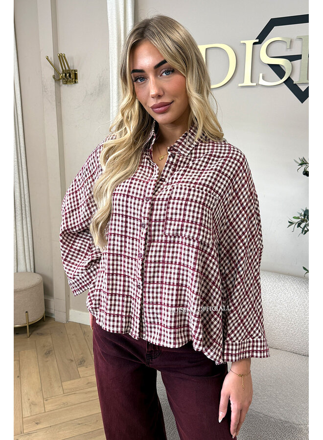 BURGUNDY – ‘MADELEINE BLOUSE’ – OVERSIZED GINGHAM BLOUSE