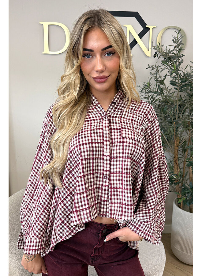 BURGUNDY – ‘MADELEINE BLOUSE’ – OVERSIZED GINGHAM BLOUSE