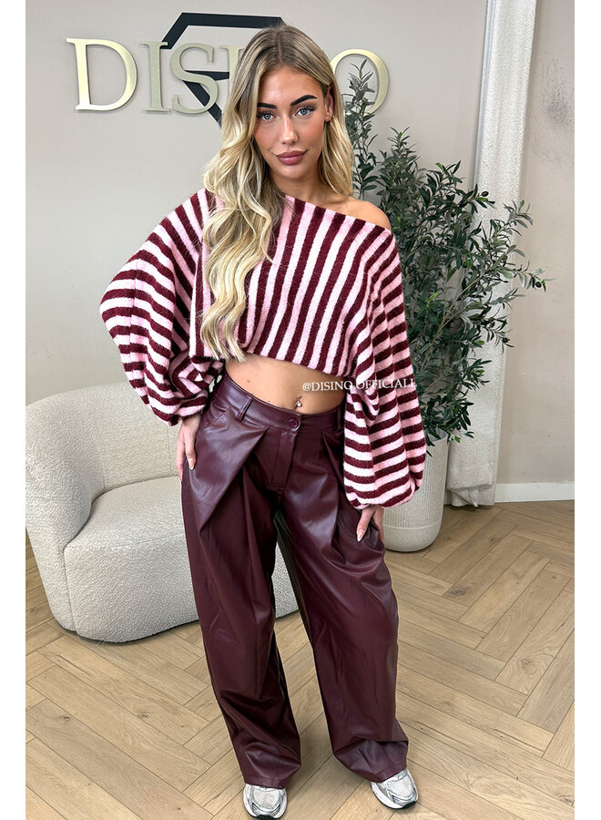 BURGUNDY - 'ALENA V2 PANTS' - STRETCH PALAZZO FAUX LEATHER PANTS
