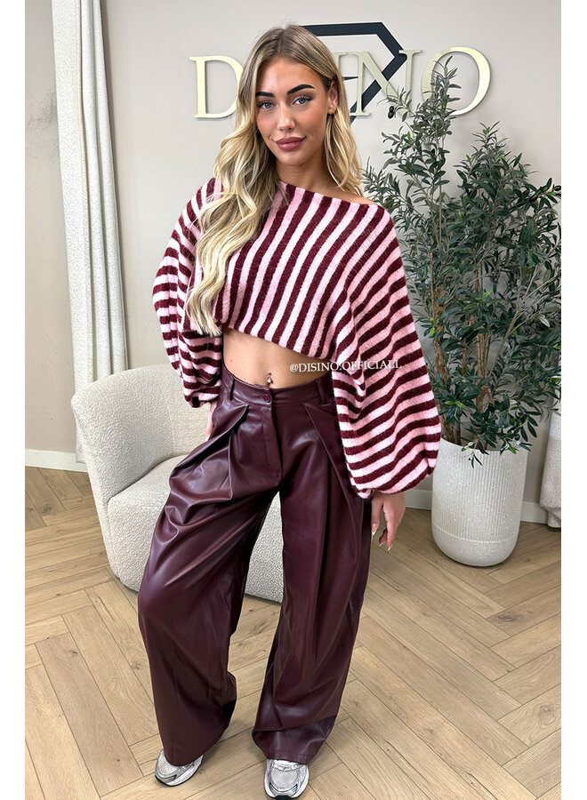 BURGUNDY - 'ALENA V2 PANTS' - STRETCH PALAZZO FAUX LEATHER PANTS
